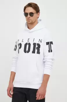 PLEIN SPORT bluza barbati, culoarea alb, cu gluga, cu imprimeu imagine