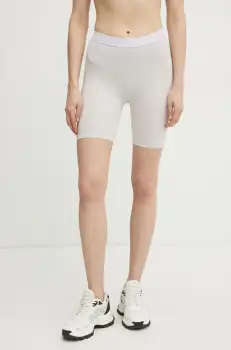 PLEIN SPORT pantaloni scurti femei, culoarea gri, cu imprimeu, high waist, SAEC WJT2058 STE003N imagine