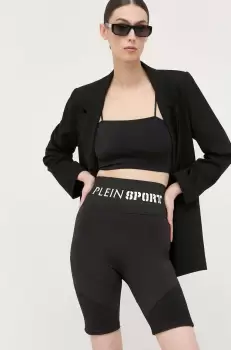 PLEIN SPORT pantaloni scurti femei, culoarea negru, cu imprimeu, high waist imagine