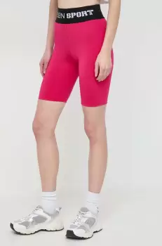 PLEIN SPORT pantaloni scurti femei, culoarea roz, cu imprimeu, high waist imagine