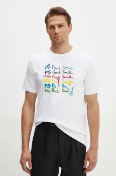 PS Paul Smith tricou din bumbac barbati, culoarea alb, cu imprimeu, M2R.011R.NP4697 imagine