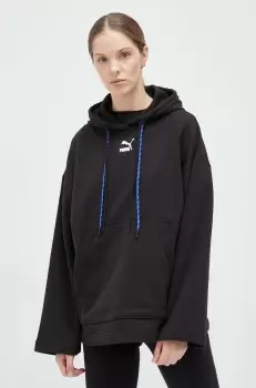 Puma hanorac de bumbac femei, culoarea negru, cu gluga, cu imprimeu imagine