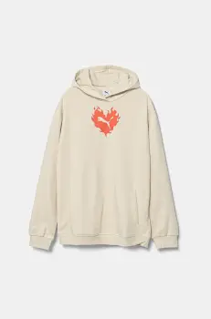 Puma hanorac de bumbac FLAMING LOVE Hoodie TR culoarea bej, cu gluga, cu imprimeu, 685109 imagine