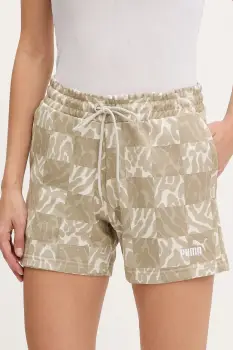 Puma pantaloni scurti culoarea bej, cu imprimeu, medium waist, 685073 imagine