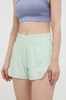 Puma pantaloni scurti de alergare culoarea verde, cu imprimeu, high waist imagine