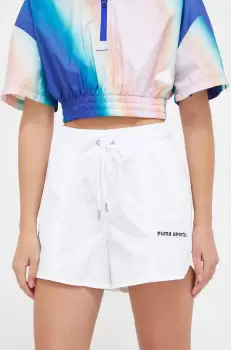 Puma pantaloni scurti femei, culoarea alb, cu imprimeu, high waist imagine