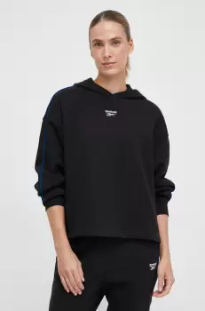 Reebok bluza femei, culoarea negru, cu gluga, neted imagine