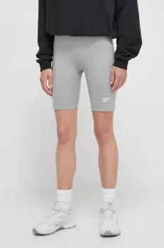 Reebok pantaloni scurti femei, culoarea gri, melanj, high waist imagine