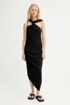 Renewed rochie din amestec de in creative upcycling culoarea negru, midi, mulata, Renewed INTU x Answear imagine