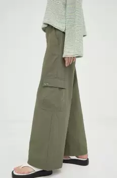 Resume pantaloni de bumbac culoarea verde, lat, high waist imagine