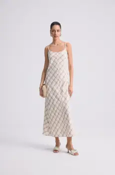 rochie din bumbac culoarea bej, maxi, evazati imagine