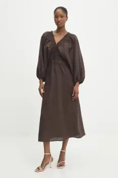 rochie din in culoarea maro, midi, evazati imagine