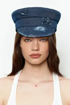 RUSLAN BAGINSKIY caciula pentru femei, din denim Distressed Baker Boy Cap imagine