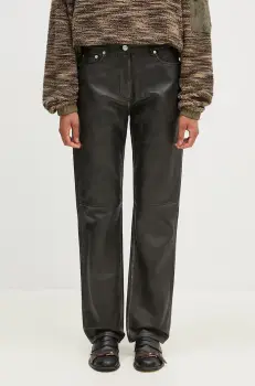 Samsoe Samsoe pantaloni de piele Salynn femei, culoarea negru, drept, high waist, F24300138 imagine