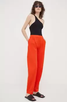Samsoe Samsoe pantaloni femei, culoarea portocaliu, drept, high waist imagine