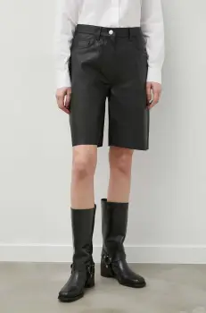 Samsoe Samsoe pantaloni scurti de piele femei, culoarea negru, neted, high waist imagine