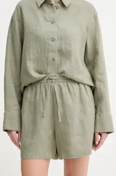 Samsoe Samsoe pantaloni scurti din in MAREN culoarea verde, neted, high waist, F23900001 imagine