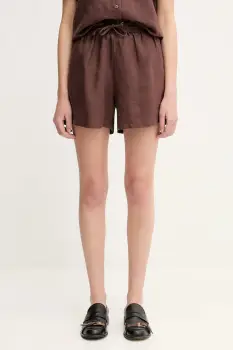 Samsoe Samsoe pantaloni scurti din in MAREN culoarea verde, uni, high waist, F23900001 imagine