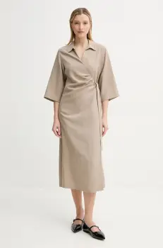 Samsoe Samsoe rochie din amestec de in SAHANI culoarea bej, midi, drept, F25100011 imagine