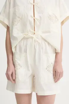 Sessun pantaloni scurti din bumbac culoarea bej, uni, high waist, 25206002 imagine