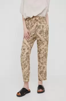 Sisley pantaloni femei, culoarea bej, drept, high waist imagine
