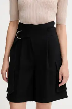 Sisley pantaloni scurti culoarea negru, uni, high waist, 4G48L901I imagine