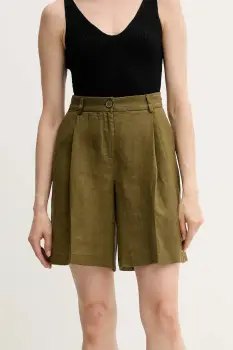 Sisley pantaloni scurti din in culoarea verde, uni, high waist, 4AGHL901K imagine
