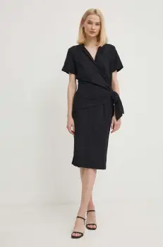 Sisley rochie din in culoarea negru, midi, drept imagine