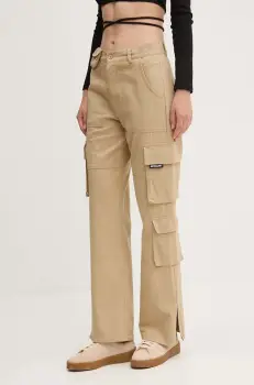 Sixth June pantaloni de bumbac culoarea bej, fason cargo, high waist imagine