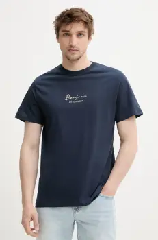 Solid tricou din bumbac PEDRO barbati, culoarea bleumarin, cu imprimeu, 21108606 194010 imagine