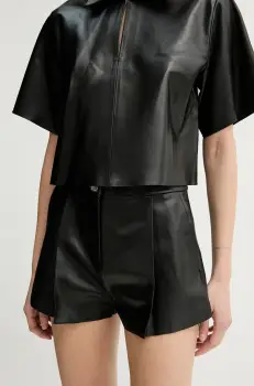 Stand Studio pantaloni scurti de piele Paulin femei, culoarea negru, neted, high waist, 66446-7870 imagine