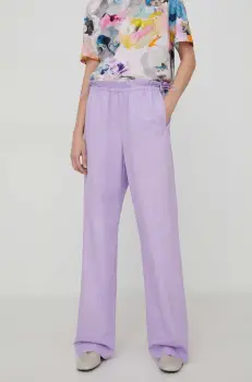 Stine Goya pantaloni de bumbac Carola Solid culoarea violet, drept, high waist imagine