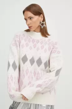 Stine Goya pulover de lana femei, culoarea bej, calduros, cu turtleneck imagine