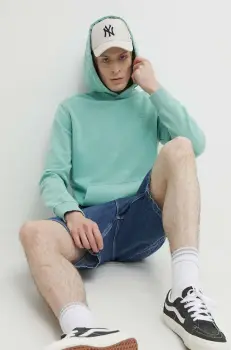 Superdry hanorac de bumbac barbati, culoarea turcoaz, cu gluga, cu imprimeu imagine