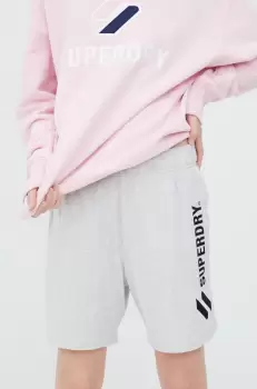 Superdry pantaloni scurti din bumbac femei, culoarea gri, cu imprimeu, high waist imagine