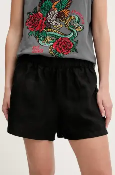 Superdry pantaloni scurti din in culoarea negru, uni, high waist, W7110450A-02A imagine