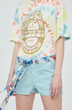 Superdry pantaloni scurti femei, culoarea turcoaz, neted, medium waist imagine