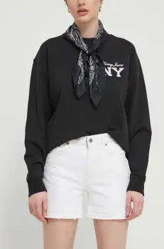 Superdry pantaloni scurti jeans femei, culoarea alb, neted, medium waist imagine