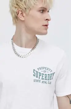 Superdry tricou din bumbac barbati, culoarea alb, cu imprimeu imagine