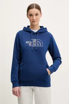 The North Face bluza Drew Peak Light femei, culoarea bleumarin, cu gluga, cu imprimeu, NF0A8C1DAQM1 imagine