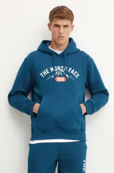 The North Face bluza Hoodie Varsity Graphic barbati, culoarea turcoaz, cu gluga, cu imprimeu, NF0A89DJ1NO1 imagine