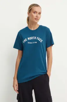 The North Face tricou din bumbac Tee Varsity Graphic femei, culoarea turcoaz, NF0A89CQ1NO1 imagine