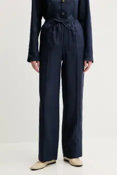 The Sleeper pantaloni din in culoarea bleumarin, lat, high waist, UNPT01P004N imagine