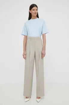 Theory pantaloni de lana culoarea bej, drept, high waist imagine