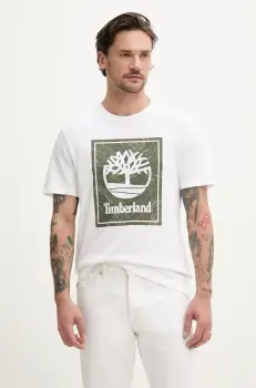 Timberland tricou din bumbac barbati, culoarea alb, cu imprimeu, TB0A6DUD1001 imagine