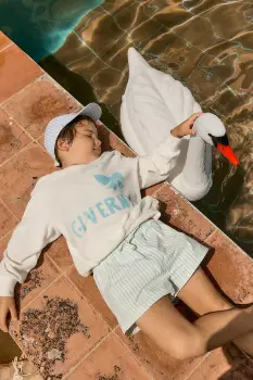 Tinycottons pantaloni scurti de baie copii CYAN FINE STRIPES TRUNKS imagine