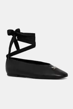 Tommy Hilfiger balerini de piele TJW BALLERINA WITH LACES culoarea negru, EN0EN02939 imagine