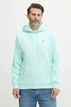 Tommy Jeans bluza barbati, culoarea turcoaz, cu gluga, neted, DM0DM20742 imagine