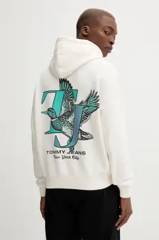 Tommy Jeans bluza culoarea bej, cu gluga, cu imprimeu, DM0DM22088 imagine