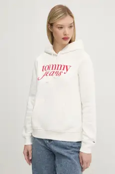 Tommy Jeans bluza femei, culoarea bej, cu gluga, cu imprimeu, DW0DW20170 imagine